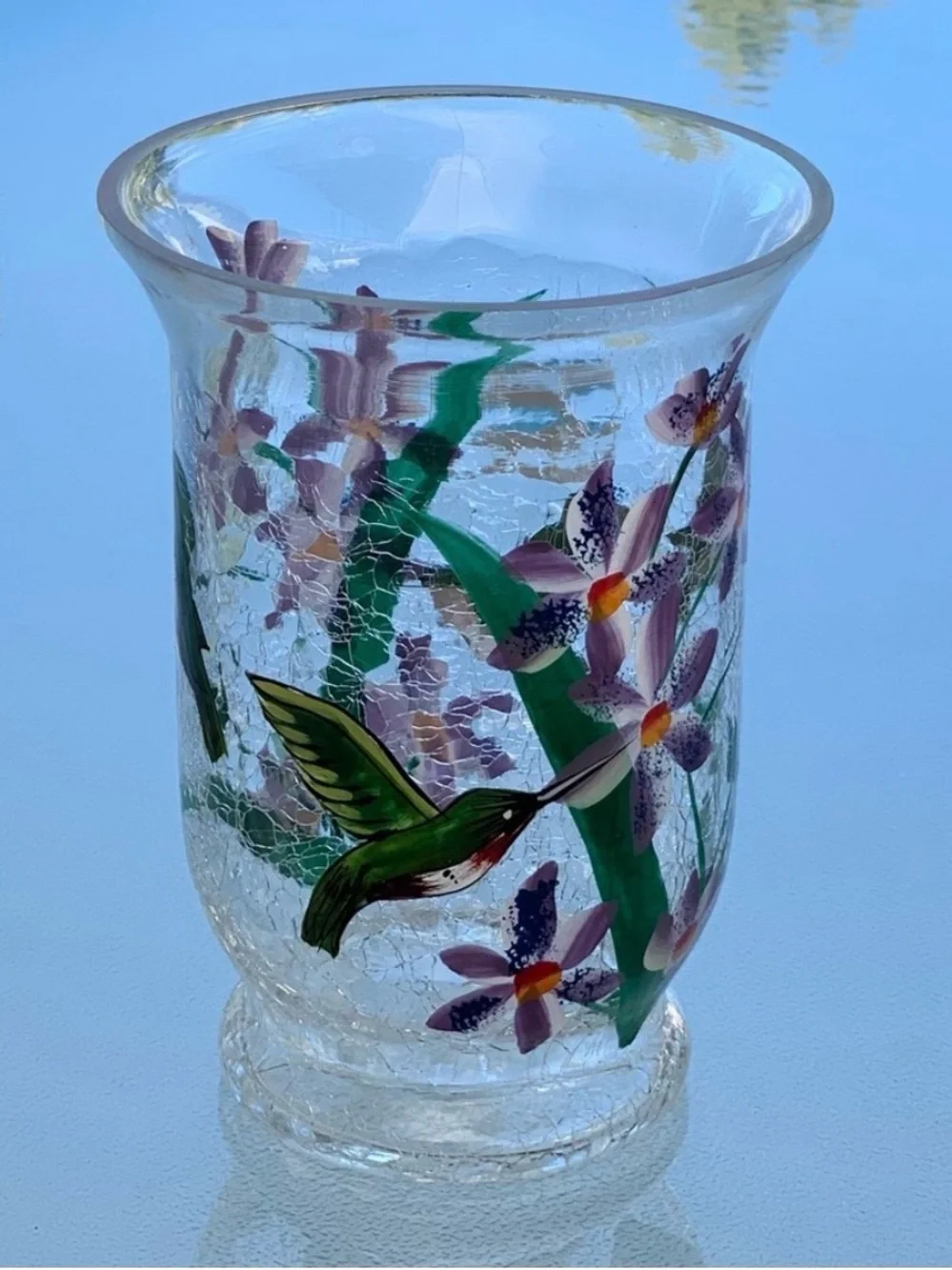 Fifth Avenue Crystal Hummingbird Crackle Glass 6” Hurricane Candle Holder